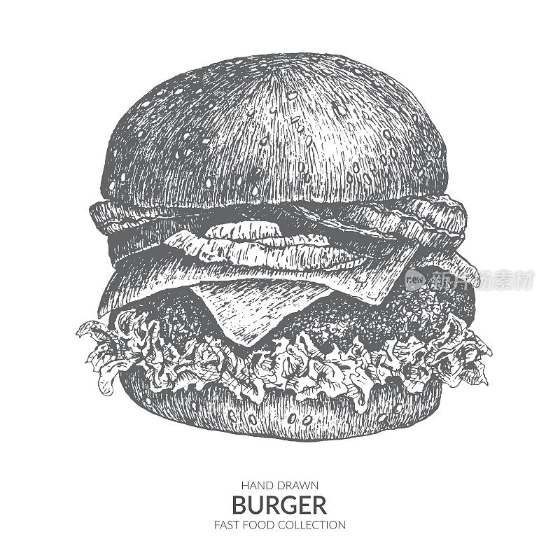 Hand drawn burger with ink and pen. Vintage black and white illustration. Fast food vector element.